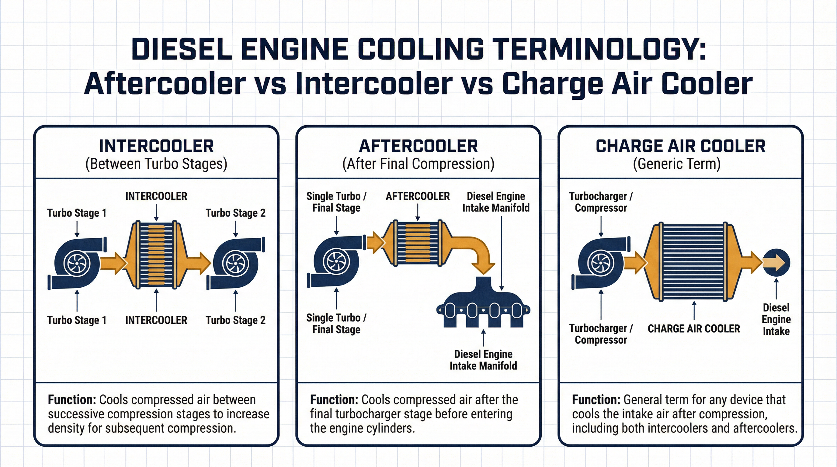 Aftercooler vs intercooler vs charge air cooler comparison diagram