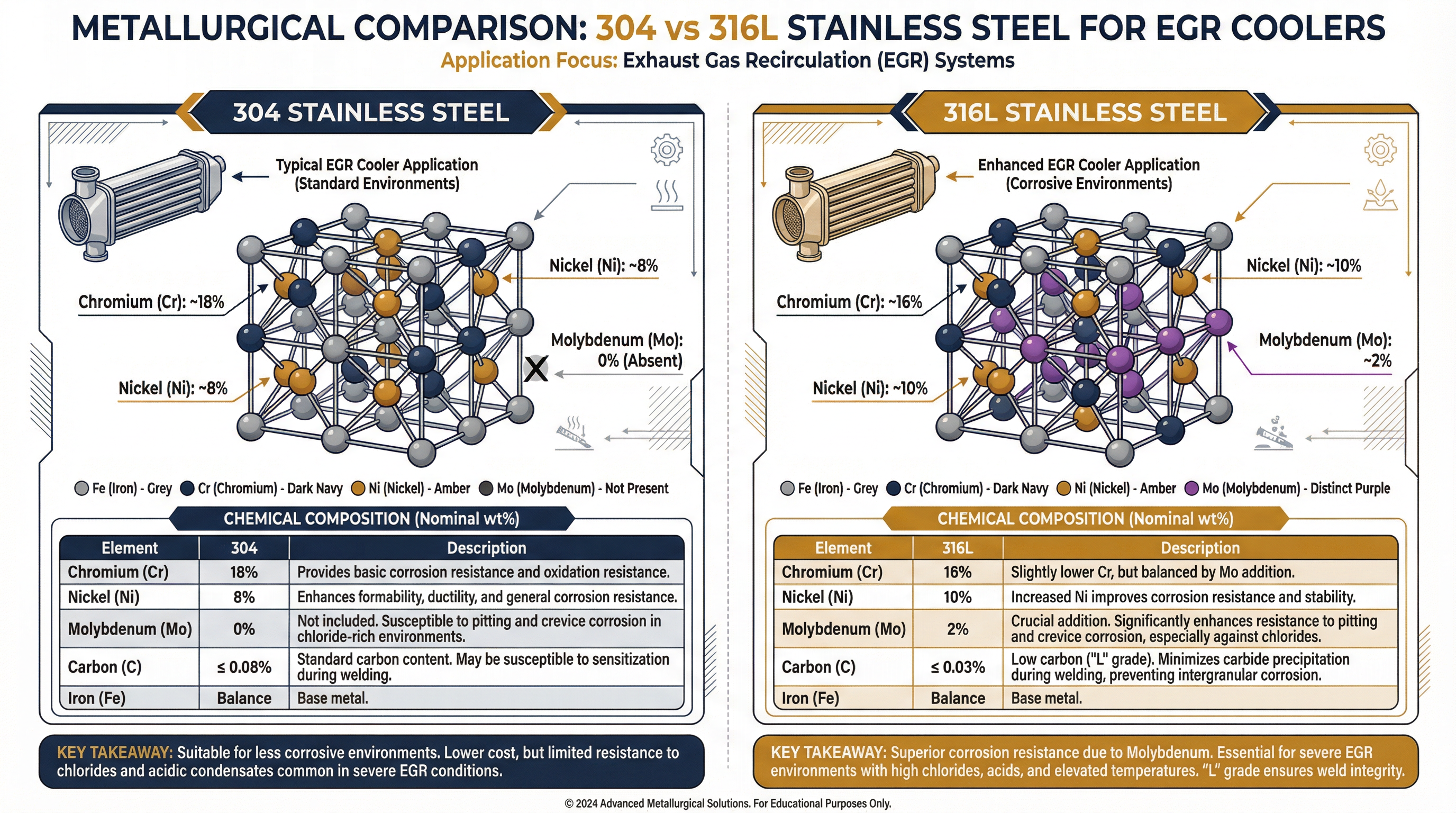 304 vs 316L stainless steel metallurgical comparison for EGR coolers