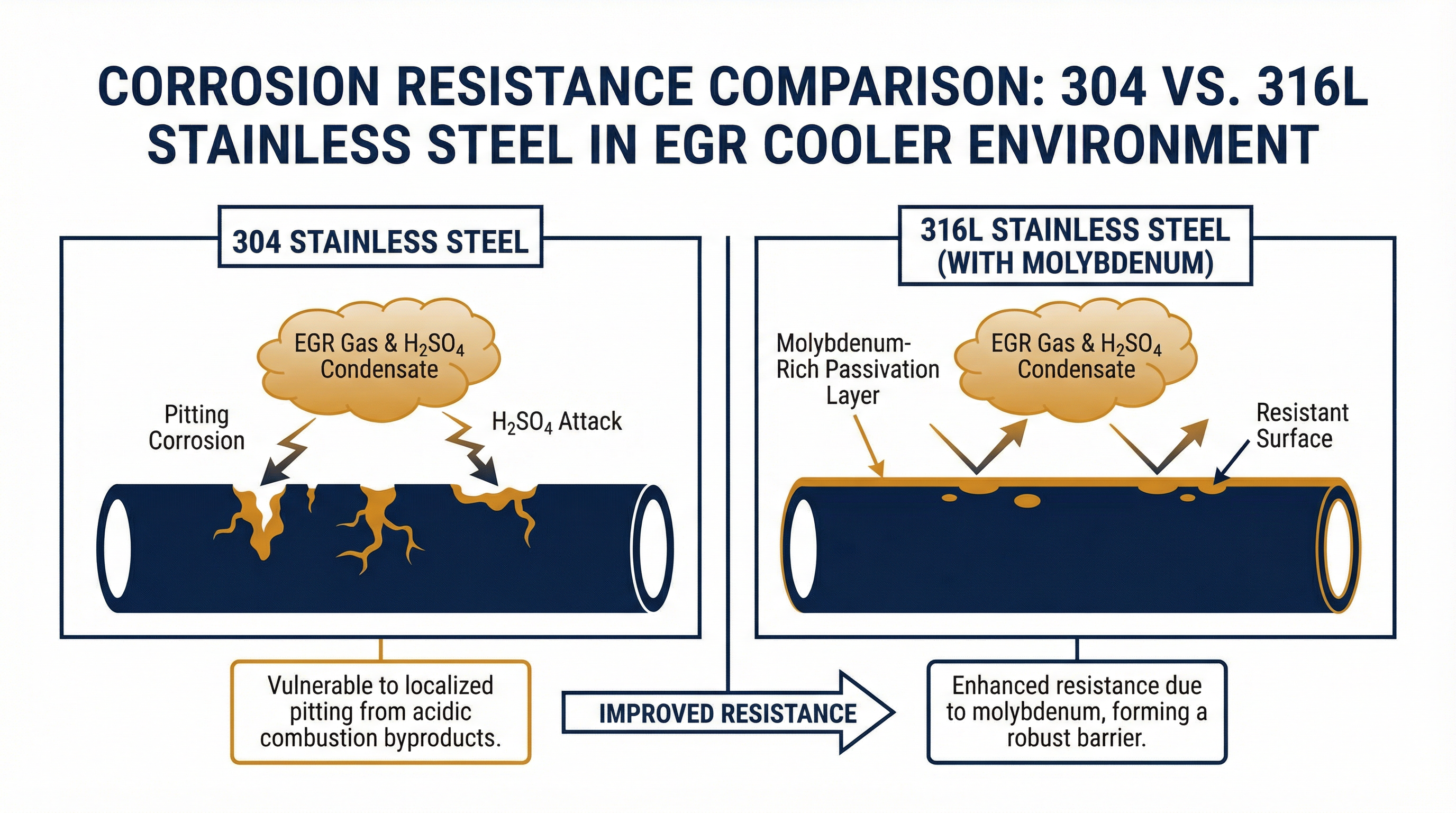 Corrosion resistance comparison 304 vs 316L in EGR environment